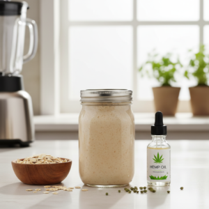 Baltyminis kokteilis su avižomis ir kanapių aliejumi ant virtuvės stalo